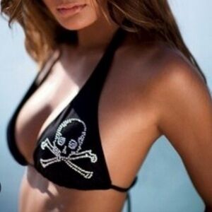 Y2K Rhinestone Skull Bikini Top Black Halter Tie Side XS-S Victorias Secret Punk